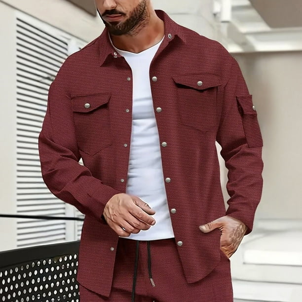 pstuiky camisetas de manga larga para hombre, Chaqueta tipo cárdigan de manga larga con solapa y botones, color liso, para hombre, con múltiples bolsillos top de hombre xl