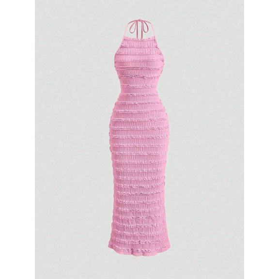 Pink Ruched Halter Maxi Dress With Adjustable Neck Tie