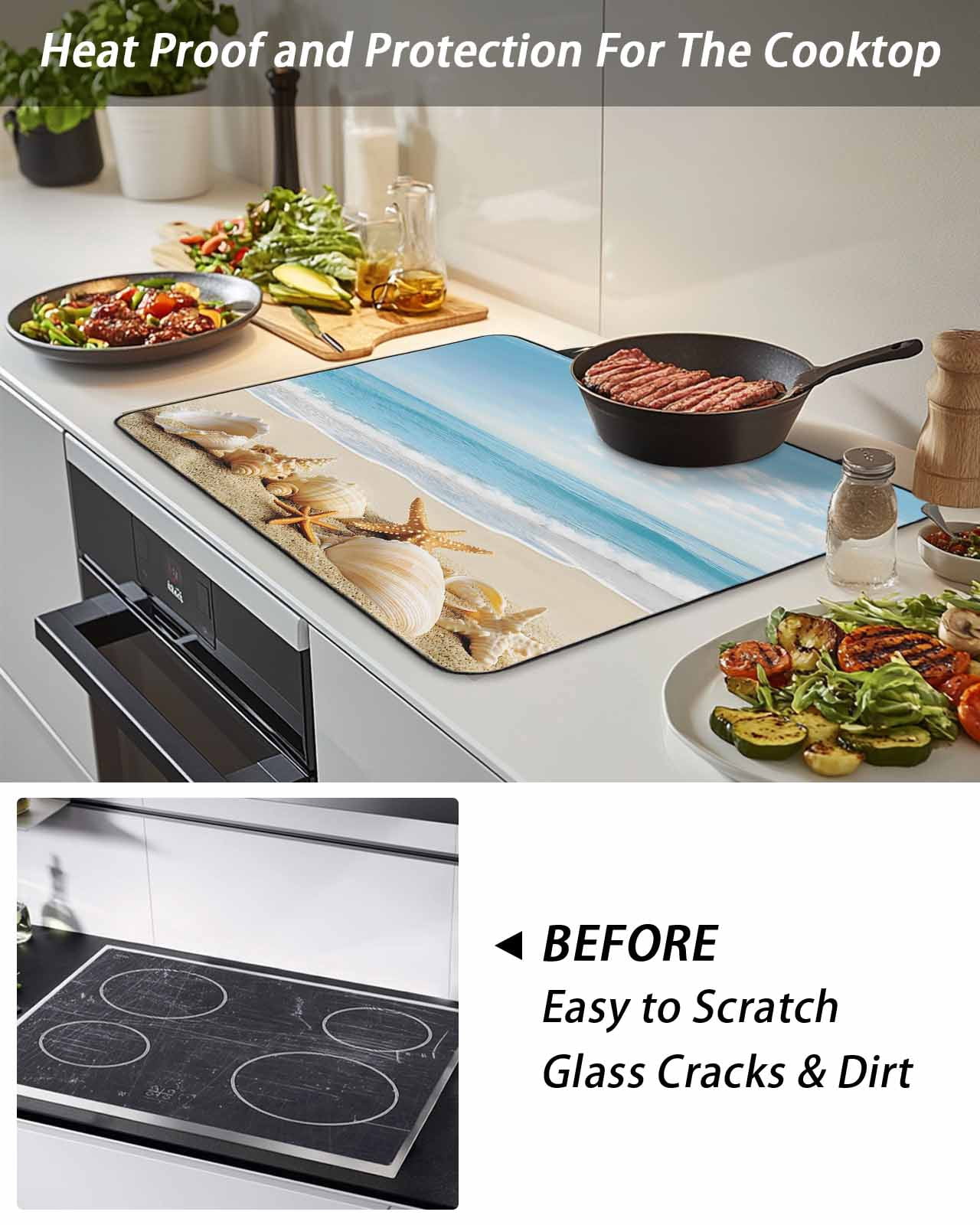 Stove Top Covers for Electric Stove 28.5x20.5 Inches, Beach Coastal Heat Insulation Fireproof Glass Cooktop Protector, Summer Seaside Shell Starfish Nautical Countertop Stovetop Cover for Kitchen