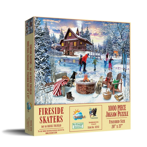 SUNSOUT INC - Fireside Skaters - 1000 pc Jigsaw Puzzle by Artist: Rafael Trujillo - Finished Size 20" x 27" Christmas - MPN# 42242