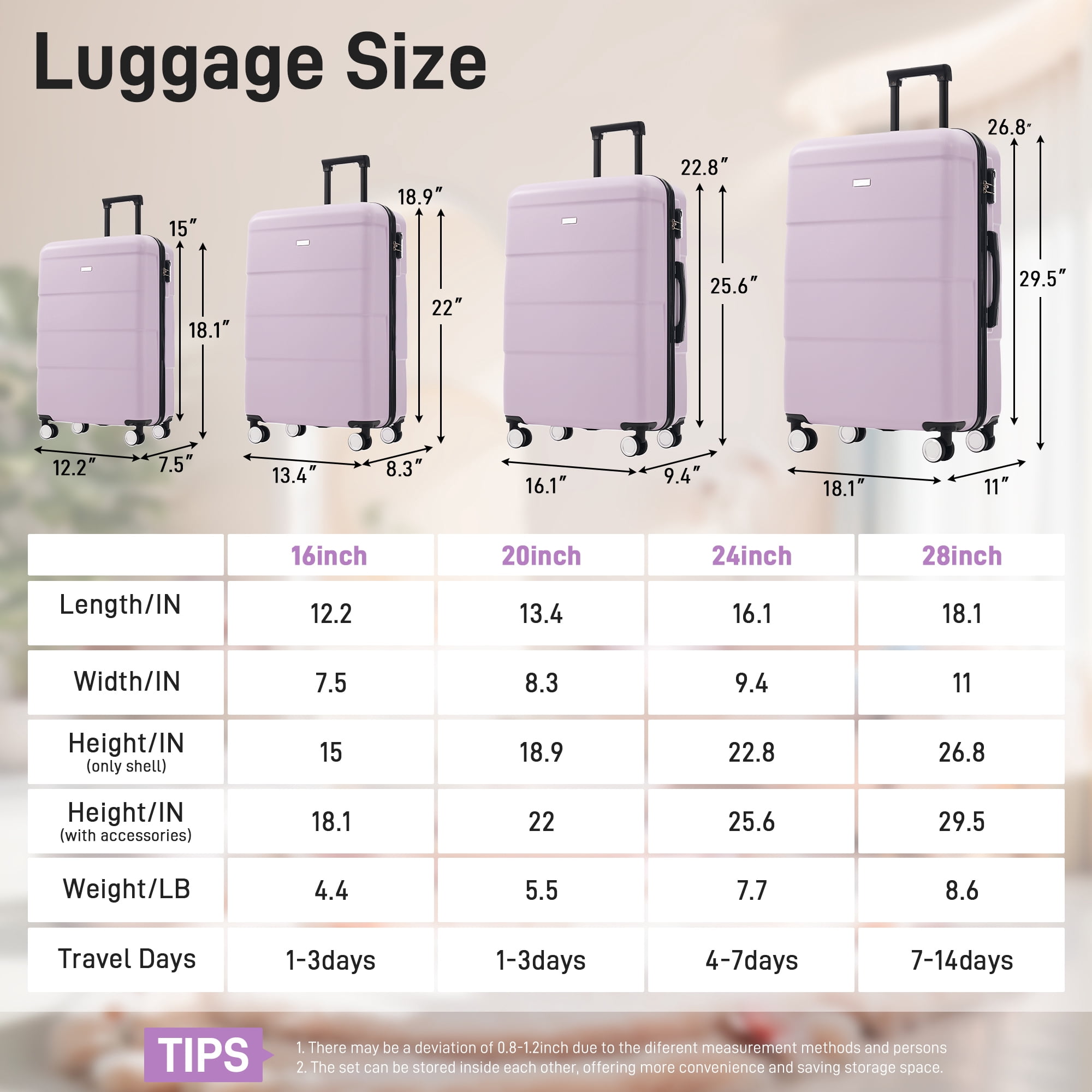 Euroco 6 Piece Luggage Sets, ABS Hardshell Suitcase Set with Password Lock,Spinner Wheels and 2 Bags,Durable Lightweight Carry on Suitcase with Handle for Travel,Pink Purple(16"/20"/24"/28")
