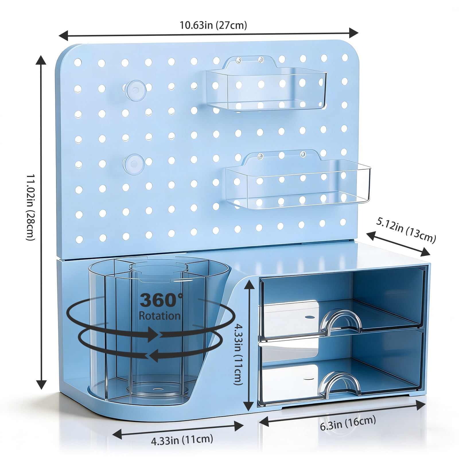 Vivin Desk Organizer, Small 2 Drawer Unit and Pen Holders, Multi-Purpose Pegboard organizer For Home Office, Blue