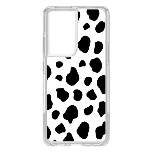 DistinctInk Clear Shockproof Hybrid Case for Galaxy S21 ULTRA 5G (6.8" Screen) - TPU Bumper, Acrylic Back, Tempered Glass Screen Protector - Black White Cow Dalmatian Spots - Animal Print