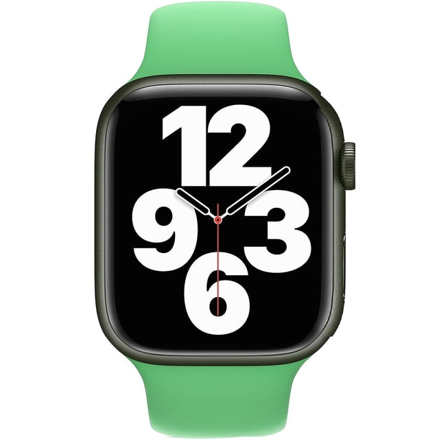apple watch band - sport band (41mm) - bright green - regular correa para Apple Watch de 41mm en bright green, vista frontal centrada que muestra la banda de fluoroelastómero con cierre pin-and-tuck y silueta completa alrededor de la caja; textura lisa y flexible visible, frecuentemente usada para actividad física y viaje.