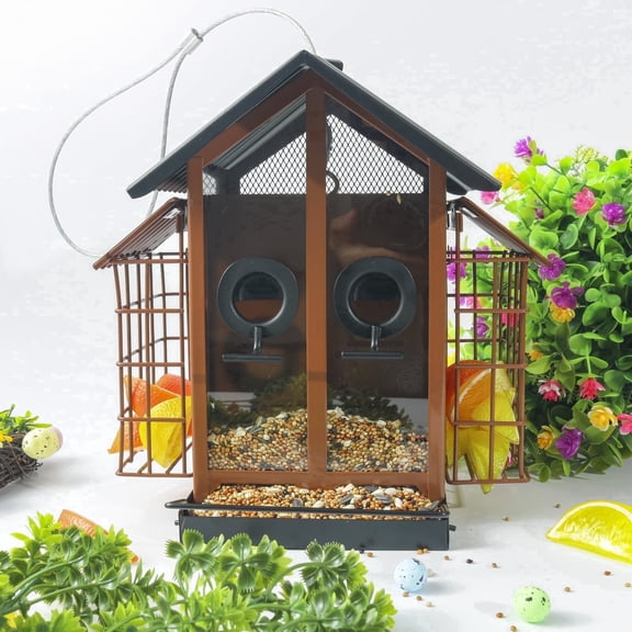 MARCHROSE Bird Feeder for Outdoor Garden Yard Outside Metal House Hanging Bird Feeder, Brown