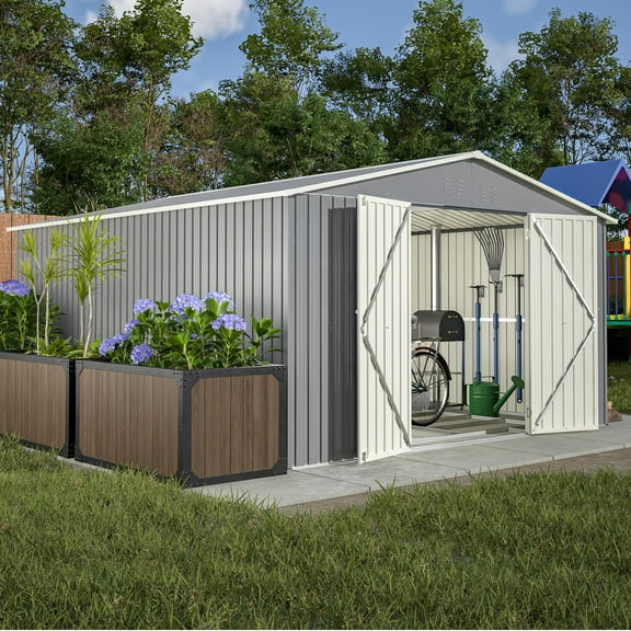 LZBEITEM 11 x 13 ft Outdoor Storage Metal Shed with Floor Frame Kit, Galvanized Steel Garden Shed, Building Tool Sheds with Lockable for Backyard Patio, Gray, 133.68x161.4x80.76 in, 140.5 Sq ft