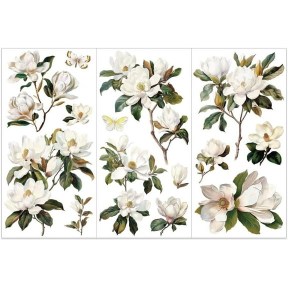 3pcs/Set White Magnolia Rub on Transfers for Crafts and Furniture 6x12 inch Flower Decor Transfer Stickers Vintage Floral Transfers for Wood Furniture Scrapbooking Home Decorations DIY