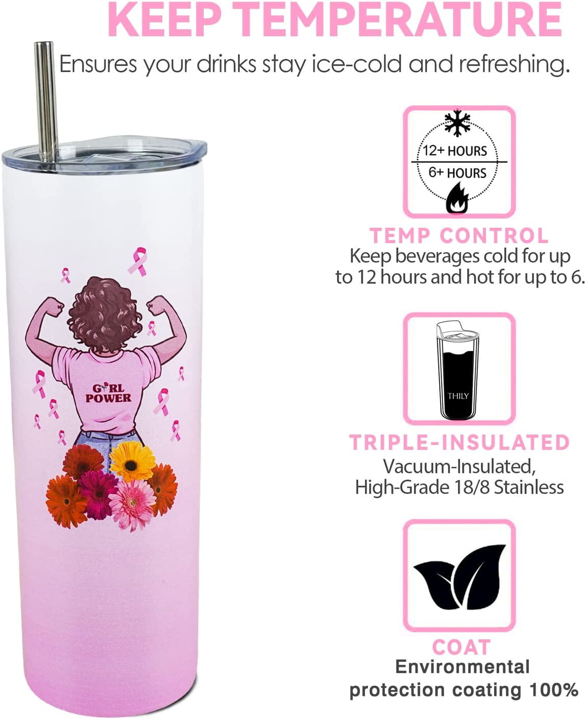 BIRGILT Breast Cancer Gifts for Women - Breast Cancer Survivor  Gifts for Woman After Surgery - Comforting Gifts for Cancer Patients Female  - 20oz Insulated Tumbler Cup: Tumblers & Water Glasses