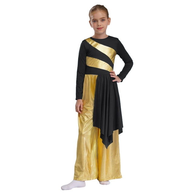 Hansber Robe de Danse pour Filles Enfants Pantalon Grand Métallique Robe Liturgique Combinaison Lyrique Noir 8