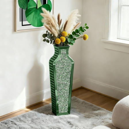 SHYFOY 26.57" Green Mirrored Floor Vase with Crushed Diamond Accents, Tall Decorative Sparkle Vase for Dried Flowers, Pampas Grass & Modern Glam Home Décor