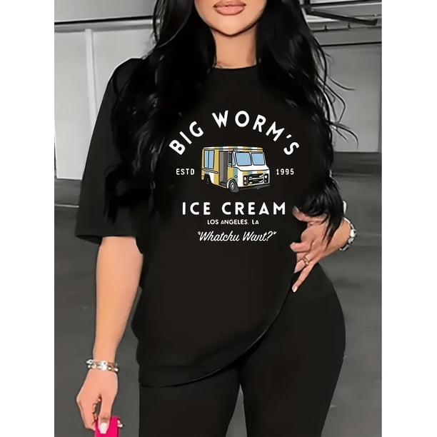1pc Big Worm's ice Cream Los angeles La Vintage Casual Print T-Shirt, Cotton Round Neck Short Sleeve Tee for Summer