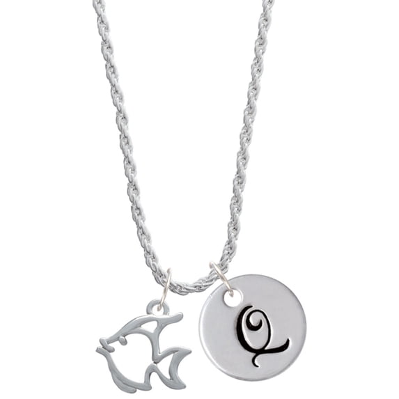 Delight Jewelry Silvertone 2-D Open Angel Fish Silvertone Script Initial Disc - Q - Charm Necklace, 20"+3"