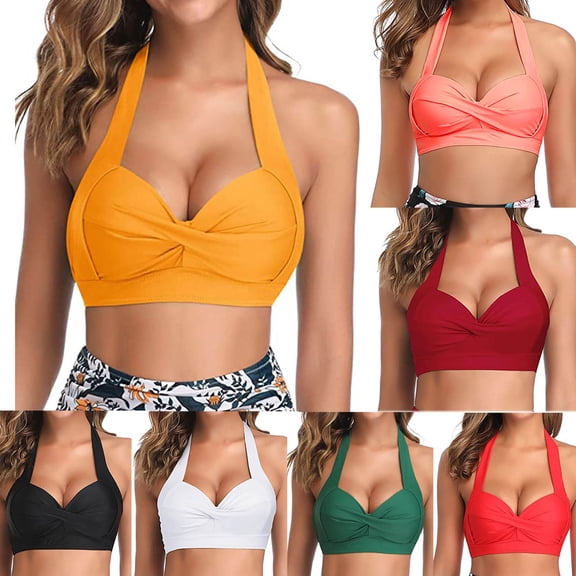 Women's High Waist Ruching Bikini Top with Padded Push-Up Bra and Adjustable Straps