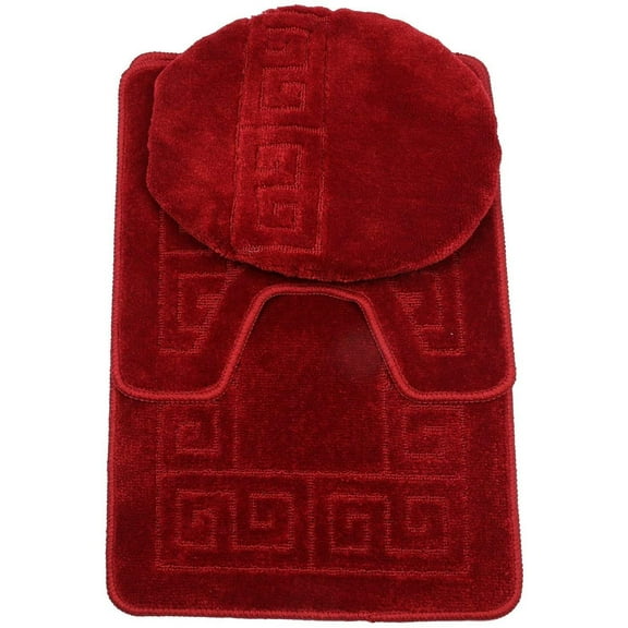 3-Piece Bath Rug Set Pattern Bathroom Rug Set | Rug (50cmx80cm), large Contour Mat (50cmX50cm) with Lid Cover (46cmX48CM) Burgundy