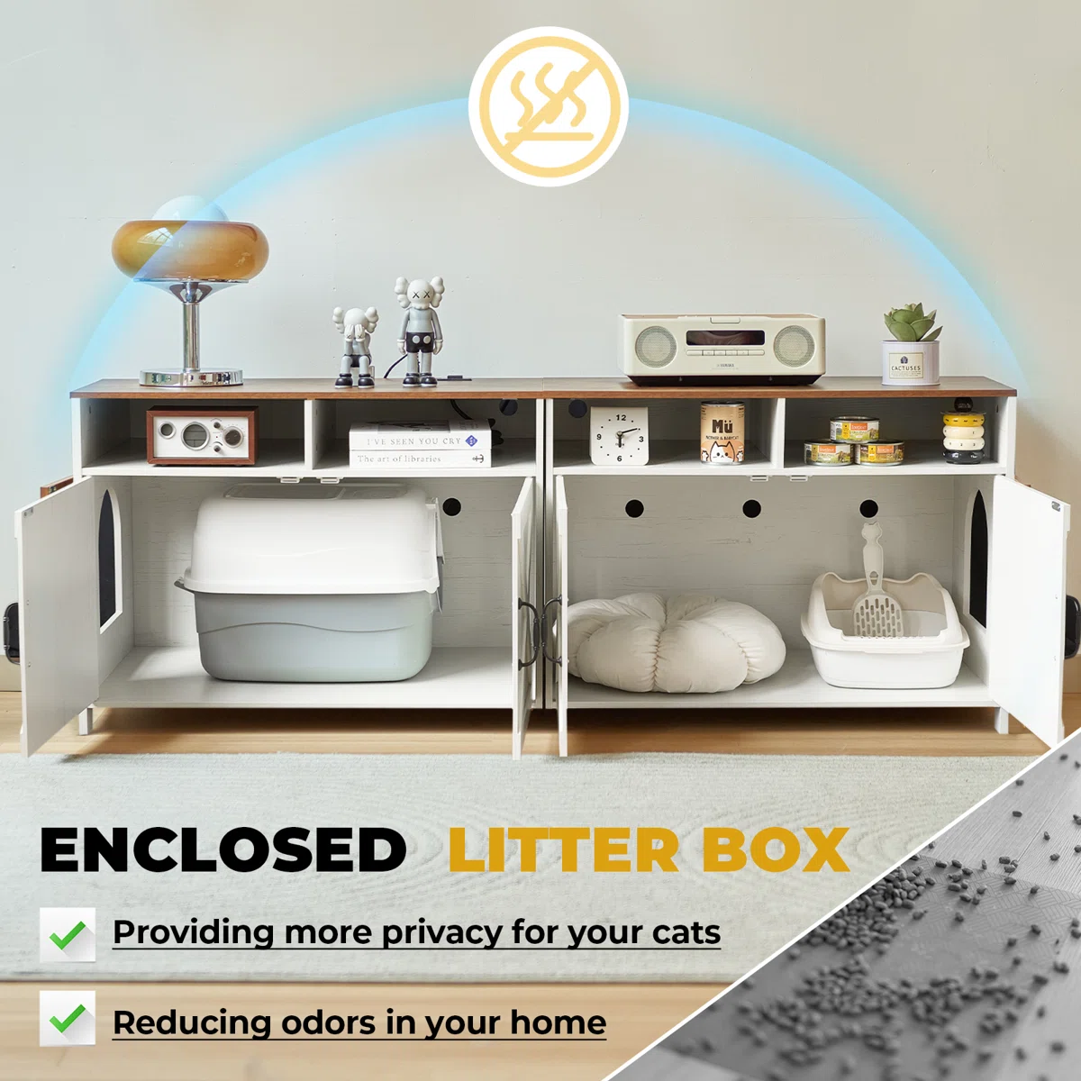 JanflyHome Hidden Litter Box Enclosure & 63"W TV Stand Furniture & Double Litter Box For 2 Cats, Farmhouse Inclosed Litter Boxes For Cats with Outlet Power