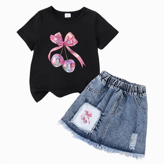 Toddler Girl Clothing Sets Stylish Cherry Bow Print T-Shirt & Distressed Denim Skirt 2-Piece Outfit Girls Casual Fashion 6-7 Years
