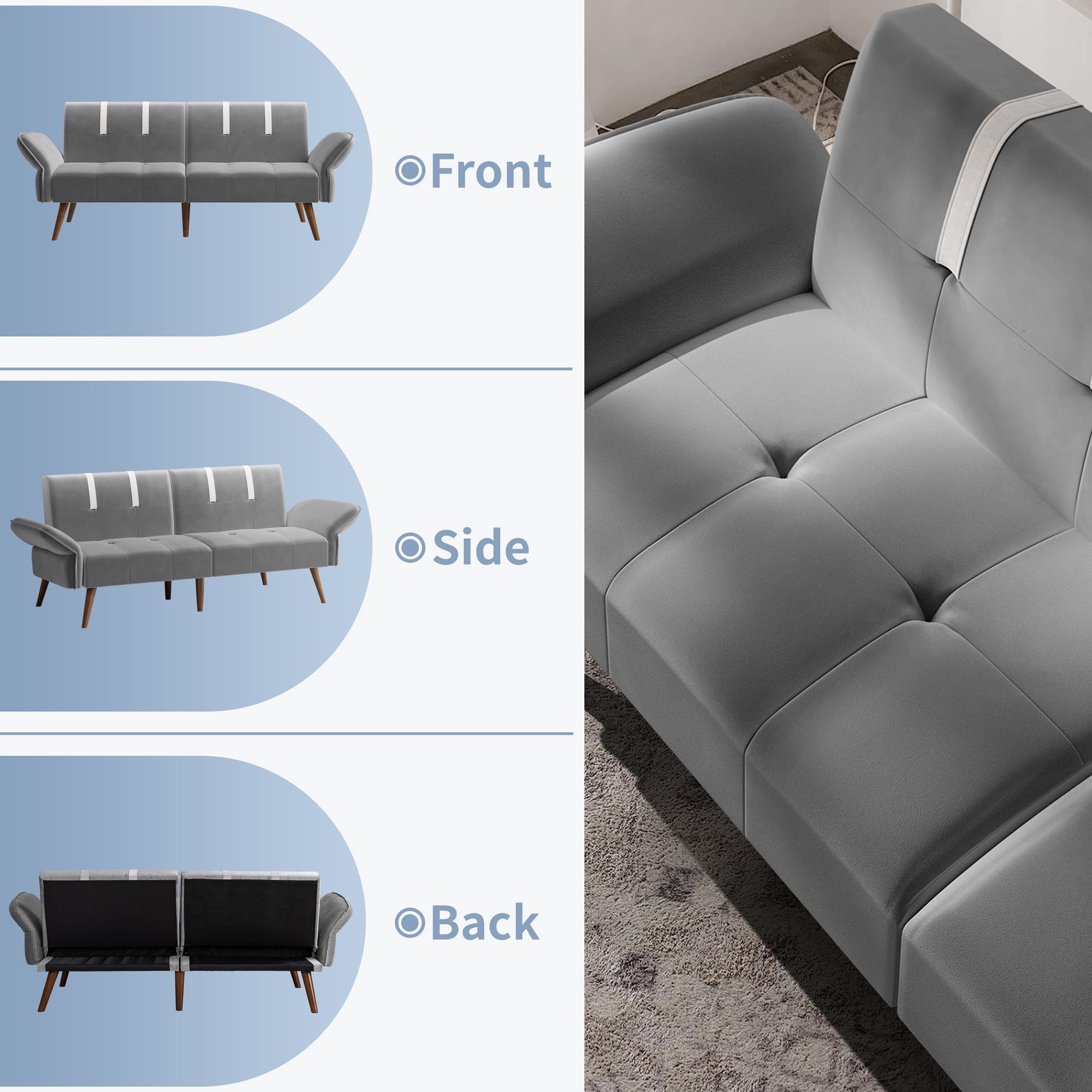 Walsunny 79" Velvet Futon Couch Sofa Bed, Folding Sleeper Loveseat with Adjustable Armrests Backrest Light Grey