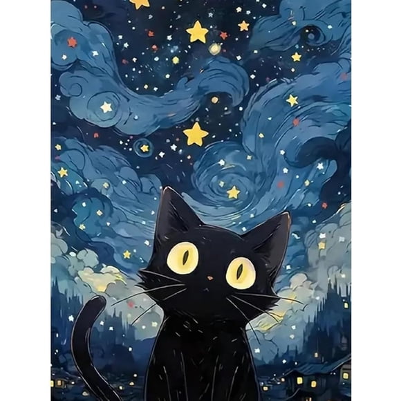 Kit de pintura de diamantes DIY para adultos: Pintura al óleo por números con gato de dibujos animados y cielo estrellado, lienzo prefabricado de 30x40 cm (marco no incluido)