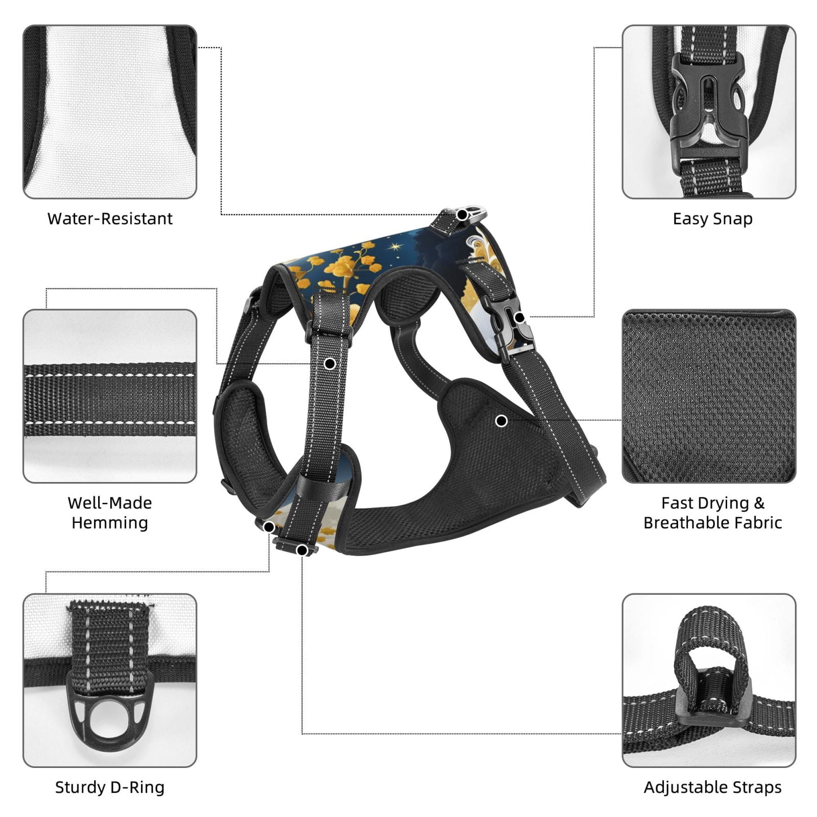 Vsdgher Moonlit Golden Tree Peacock Pattern Dog Harness,No Pull Pet Harness with Soft Padded Handle,Adjustable Reflective Vest with 2 Buckles,4 Slide Buckles,S-XL Small