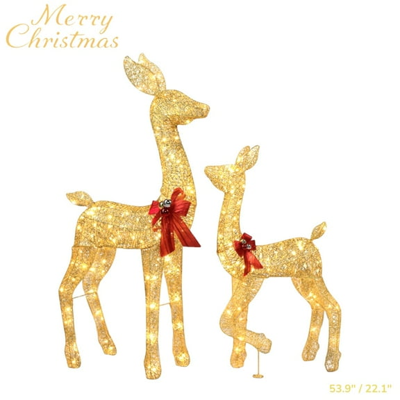 Tcbosik 2-Piece Pre-Lit Christmas Deer Set – Gold Doe & Fawn, with 210 LED Lights, Perfect for Outdoor & Indoor Holiday Decoration