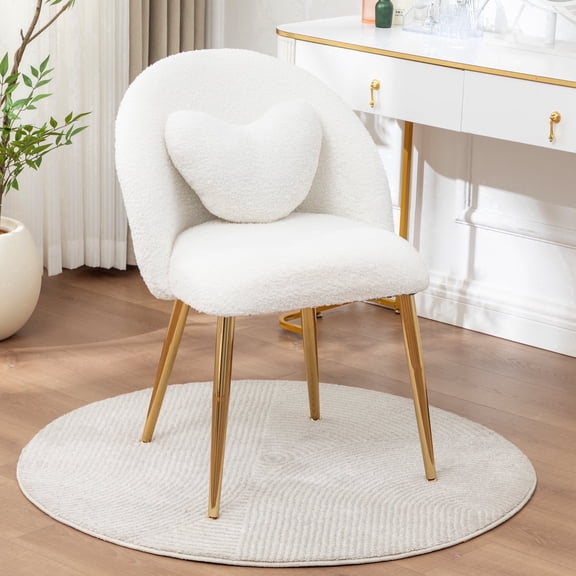 Hobooment Makeup Chair Comfy Vanity Stool for Bedroom, Living Room or Home Office Compact Accent Chair Small Office Chair with Teddy Fabric, Beige