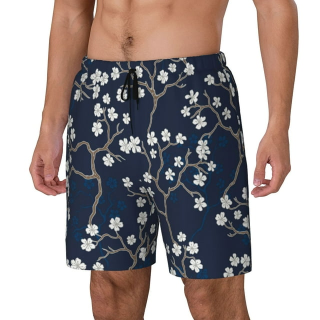 Bingfone Cherry Blossoms on Navy Background for Men's Double Layer Swimming Trunks with Lining, Drawstring Style with Pockets Beach Shorts Men's Swimsuit-X-Large