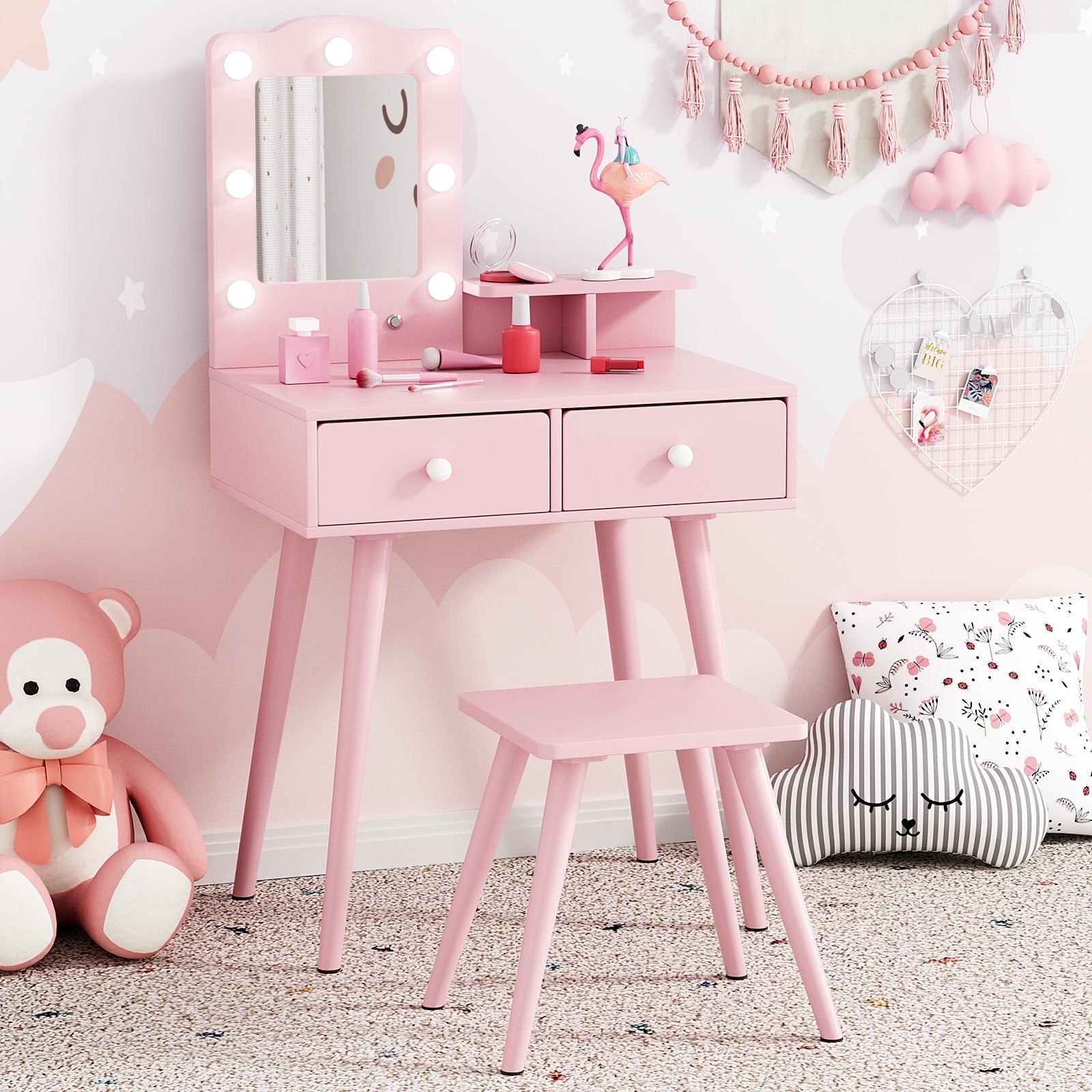 Arlopu Kids Wooden Vanity Table and Stool Set, Toddlers Makeup Dressing Table with Mirror, Drawer & LED Lights