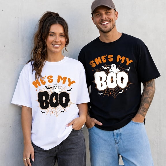 PAVIG He's My Boo She's My Boo Halloween Couple Matching Ghost Tee