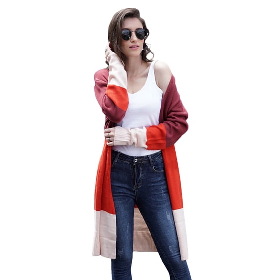 Womens Boho Open Front Cardigan Colorblock Long Sleeve Loose Knit Lightweight Sweaters,Burgundy,X-Large