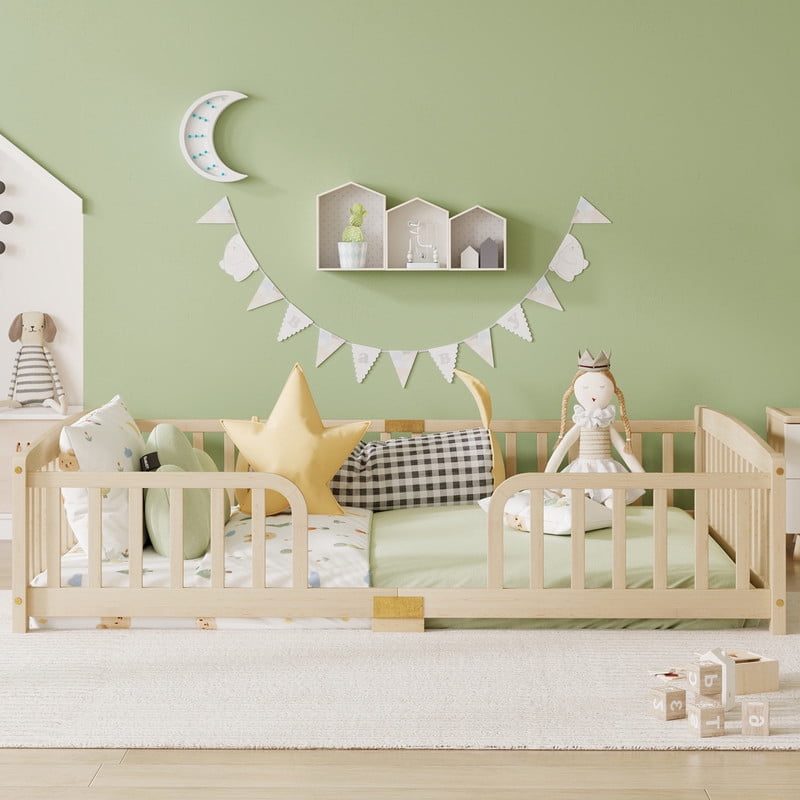 Queen Size Montessori Kids Floor Bed with Entrance, Toddler Crib Fence Bed, Low-Profile Wood Platform Bed Frame with Curved Guardrails