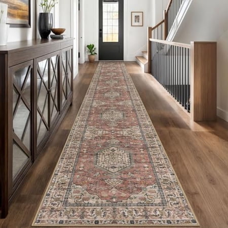 Extra Long Runner Rug for Hallway 2.6x18ft Oriental Washable Kitchen Rugs Terracotta Non-Slip Stair Runners Indoor Soft Printed Vintage Medallion Carpet for Bedroom Living Room Nursery