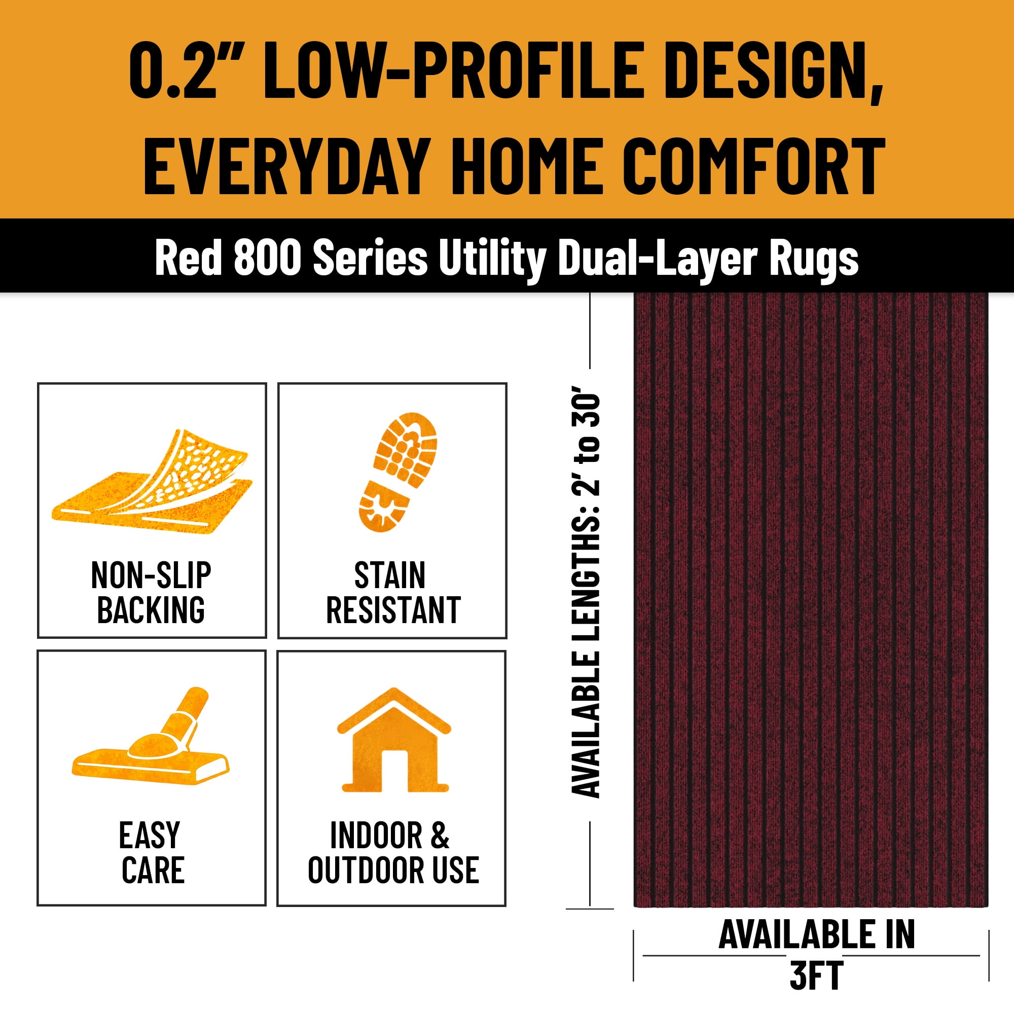 Ottomanson Non-Slip Hallway Runner Rug 2'7" x 37' Indoor/Outdoor Custom Size Utility Carpet for Garage, Red Ribbed