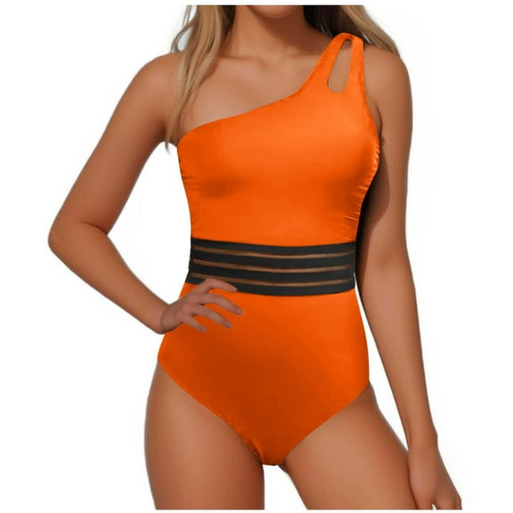 Dezsed Women's Sexy One Piece Bathing Suits One Shoulder Tummy Control Swimsuits Slim Mesh Swimwear Orange XXL