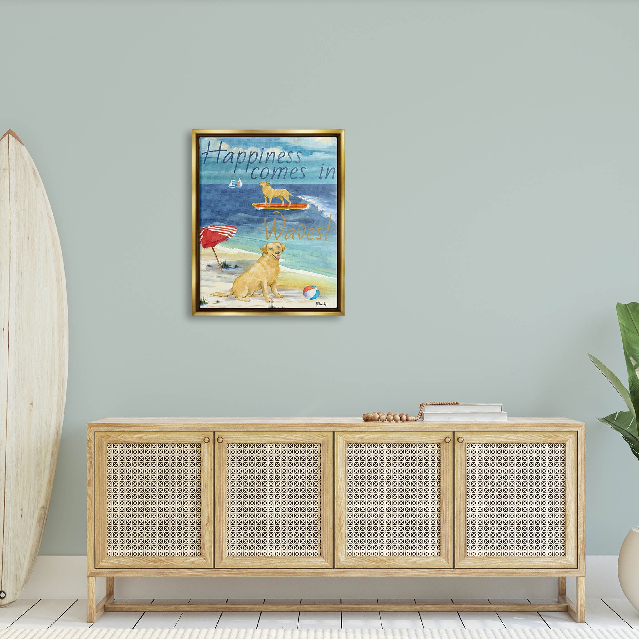 Stupell Industries Surf Pup Happiness in Waves Graphic Art Metallic Gold Floating Framed Canvas Print Wall Art, Design by Paul Brent