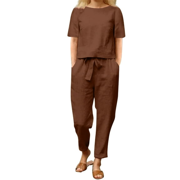GILIGEGE Linen Sets for Women 2 Piece Summer Cotton and Linen Summer Matching Suit Half Sleeved Wide Leg Pants Retro Set Of Two Tracksuit Lounge Matching Sets Coffee L