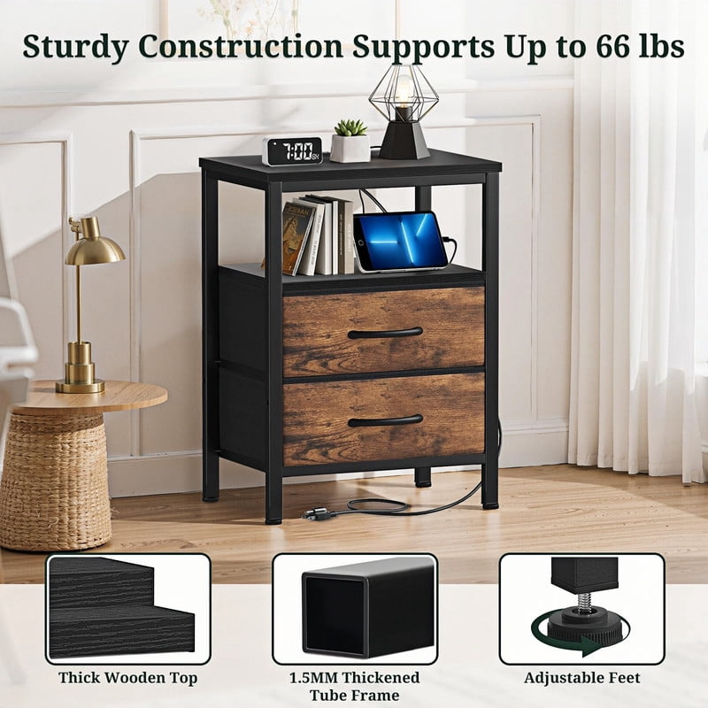 Kelno Nightstand with 2 Fabric Drawers Charging Station USB TypeC Outlets Small Bedside Table with Wood Top Open Storage Shelf, Black Brown