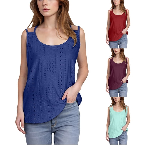 Women's Solid Color Round Neck Casual Sleeveless Tank Top Comfy Breathable Summer Outfits | CSEONE,Blue L