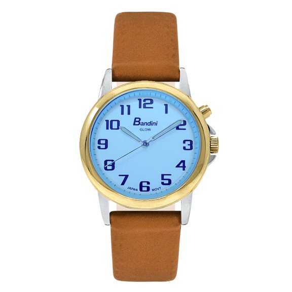Bandni Mens Glow Watch - Leather Quick Release Band - 38mm Analog Men's Easy to Read Wrist Watch with Light, Light Up Watches, Quartz, White Dial, Big Numbers, Glow in the Dark Hands - Two-Tone / Tan