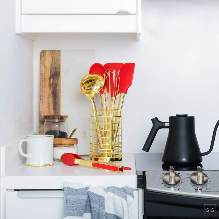 Styled Settings Gold & Red Silicone Kitchen Utensils Set with Holder 