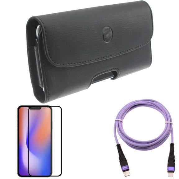 Purple 10ft PD Cable & Case Belt Clip & Screen Protector for iPhone 13/Pro - Combo with USB-C Extra Long Cord Fast Charger & Leather Holster Cover & Anti-Glare Tempered Glass Matte