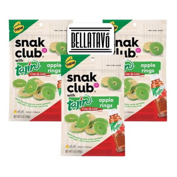 Apple Rings Bundle. Includes Three-5 Oz Bags of Snak Club Tajin Apple Rings and a BELLATAVO Fridge Magnet. Snak Club Tajin Apple Rings Gummy Candy are Certified Gluten Free and Vegan Candy!