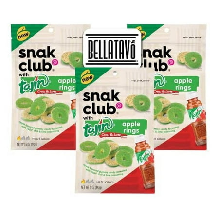 Apple Rings Bundle. Includes Three-5 Oz Bags of Snak Club Tajin Apple Rings and a BELLATAVO Fridge Magnet. Snak Club Tajin Apple Rings Gummy Candy are Certified Gluten Free and Vegan Candy!