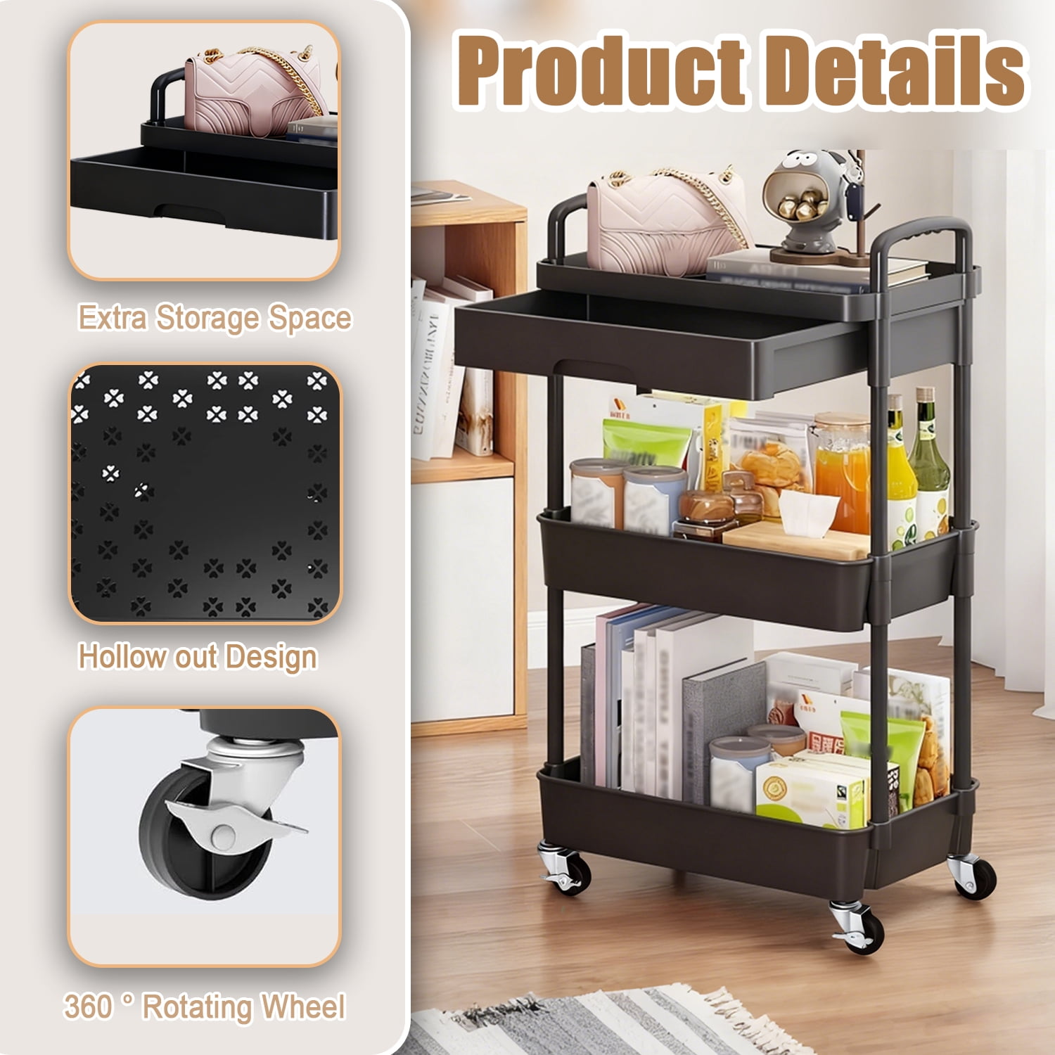 3 Tier Storage Cart, Rolling Cart with Drawers Storage Organizer, Rolling Storage Cart with Plastic Drawers, Suit for Room, Kitchen, Bathroom, Office