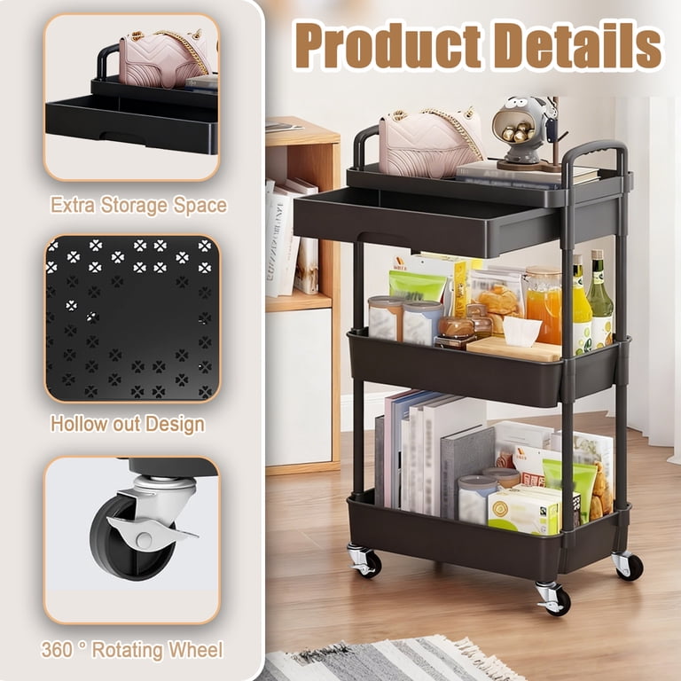 GARITIN 3-Tier Rolling Storage Cart with Plastic Drawers photo 3