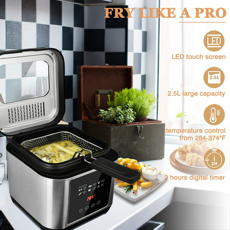 Deep Fryer, Cusimax Electric Deep Fryer with Basket, Oil Thermostat,  2.5l/2.64qt Deep Fat Fryers with Timer, Removable Lid, View Window, Cool  Touch Handle, Stainless Steel Oil Fryer with Drain Hook 