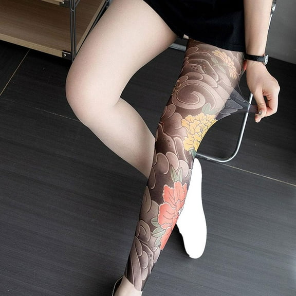 Women's Sexy Printed Tights Fake Tattoo Peony Pantyhose Female Perspective GXM