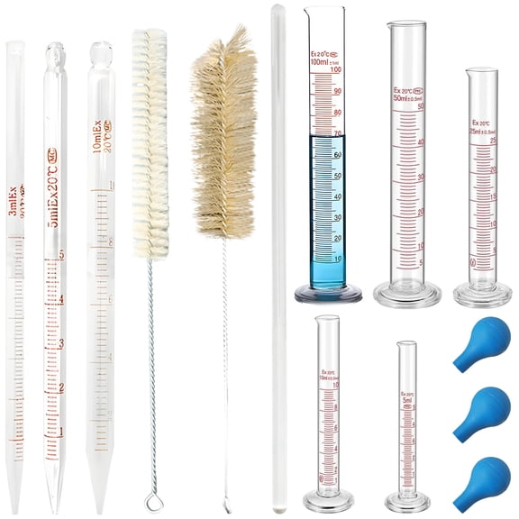 15 Pcs Glass Graduated Measuring Cylinder Set – Lab Cylinders with Droppers, Silicone Bulbs, Stirring Rod & Brushes, 5ml to 100ml, Ideal for Accurate Liquid Measurement & Science Experiments
