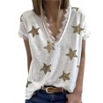 thumbnail image 2 of Blusa de verano para mujer con escote en V, manga corta y ribete de encaje y estampado de estrellas, color blanco XXL, 2 of 5