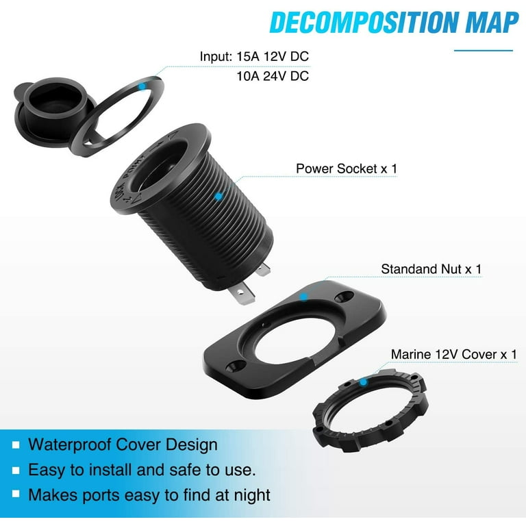 marine cigarette lighter socket Nilight 2 Pack Car Cigarette Lighter Socket DC 12V Waterproof Power Outlet Adapter Replacement with Terminals Wires and Screws for Marine Boat