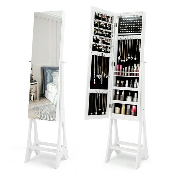 Costway LED Jewelry Cabinet Armoire with  Bevel Edge Mirror Organizer Mirrored Standing White